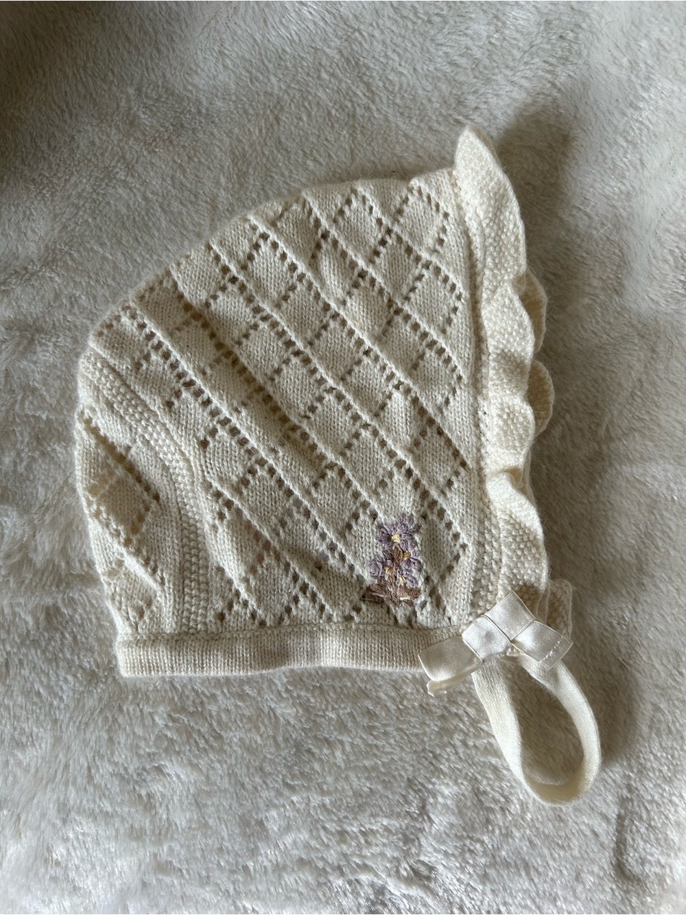 Janie and Jack layette cream cotton rabbit hair knit bonnet 12-18 months